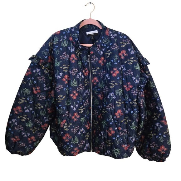 Eloquii Quilted Bomber Jacket NWOT Pressing Matters Blue Floral Size 26/28 - Picture 2 of 12